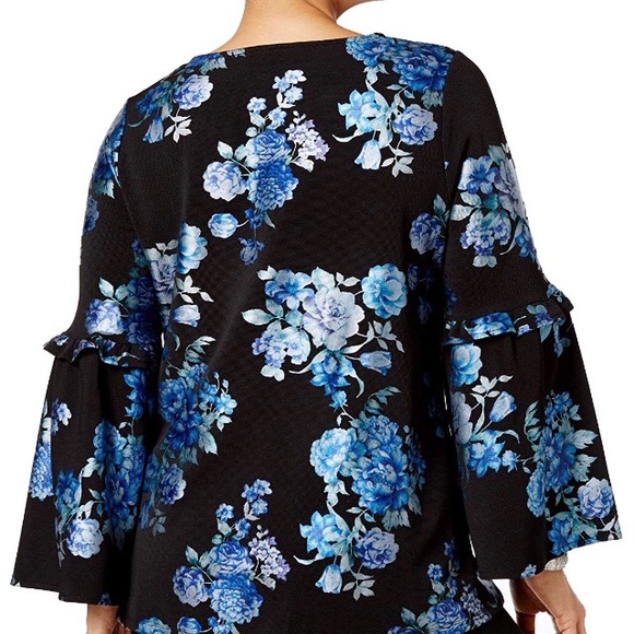 Alfani Floral Blues on Navy Top w/Bell Sleeves NWT - Picture 4 of 9